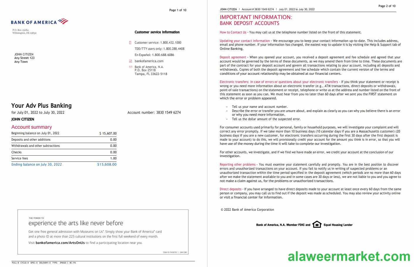 USA Bank of America bank statement Word and PDF template (10 pages), version 5